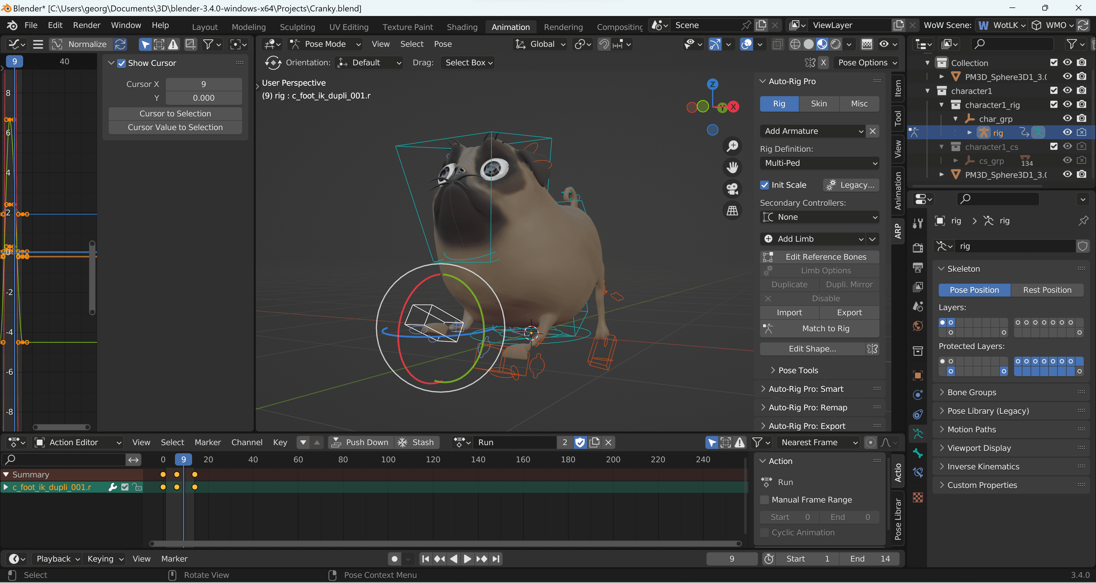The Cranky pug rig and animation controls in Blender