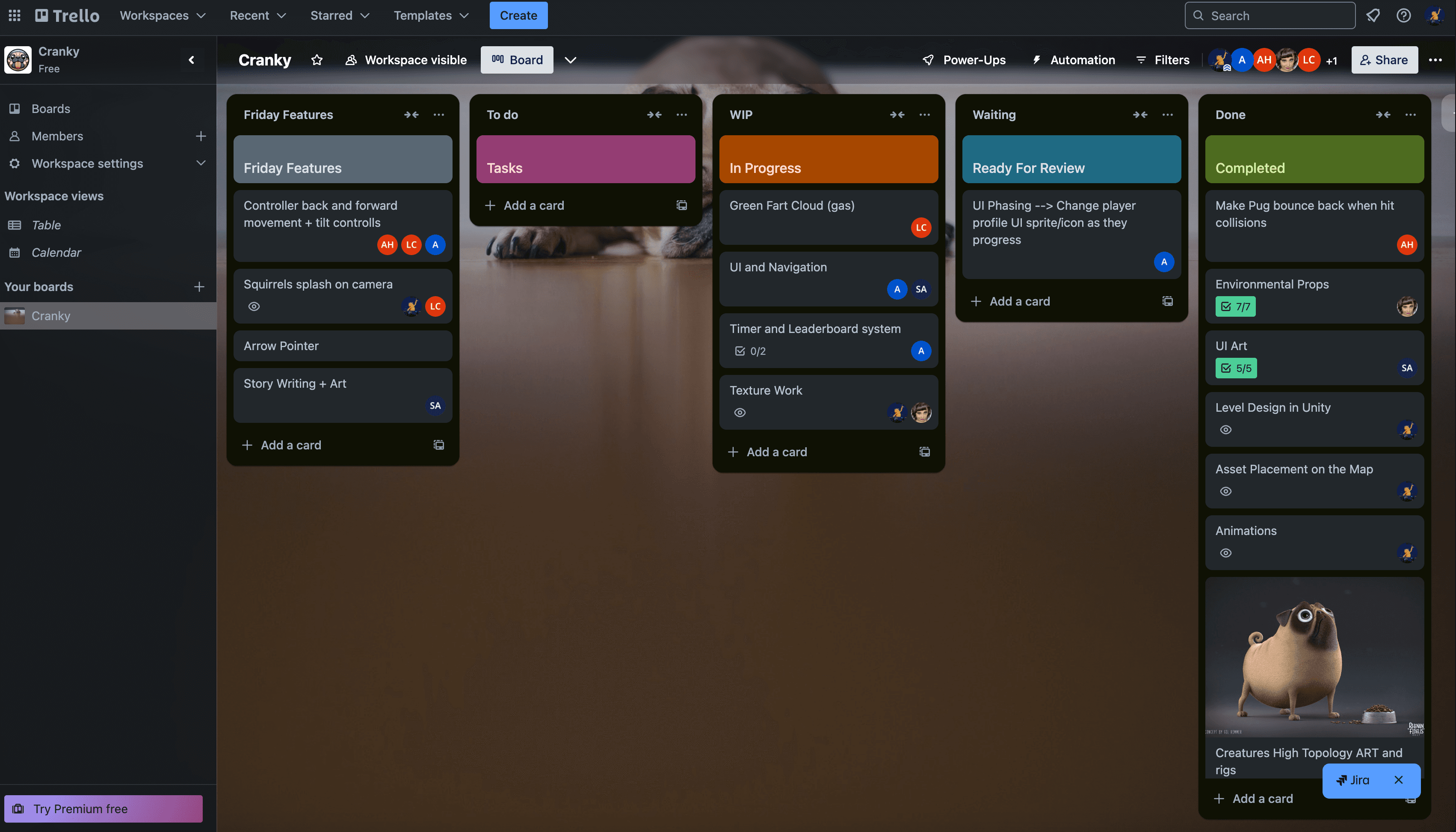 Cranky game jam Trello management board
