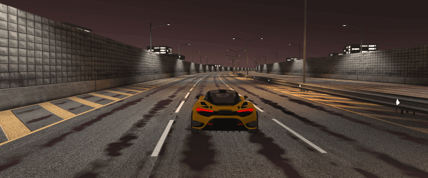 Third-person chase camera view of yellow sports car drifting on a lit city expressway