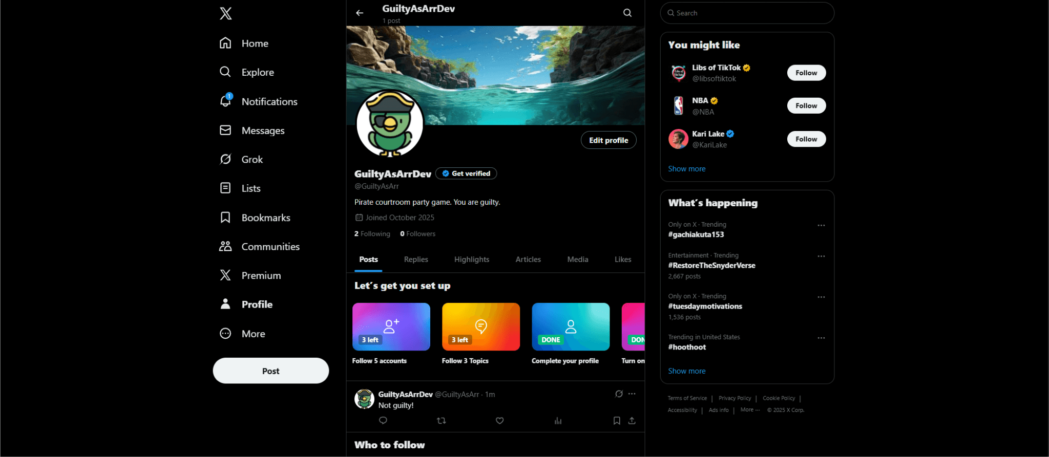 Guilty As Arrr project banner — community-facing X profile