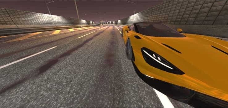 First-person drift view with yellow sports car entering a city highway curve at night