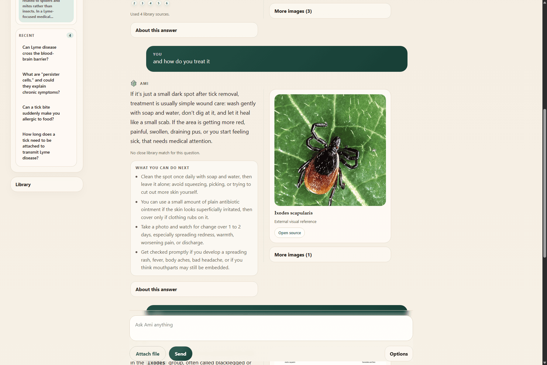 Ami answer view with saved folders, grounded response text, and document evidence preview cards