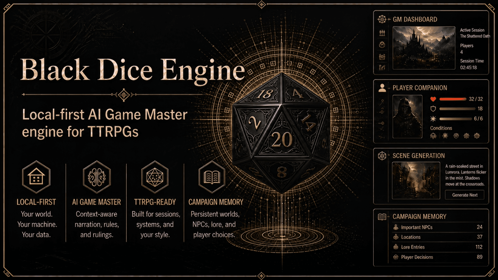 Black Dice Engine pitch banner describing the local-first AI Game Master engine