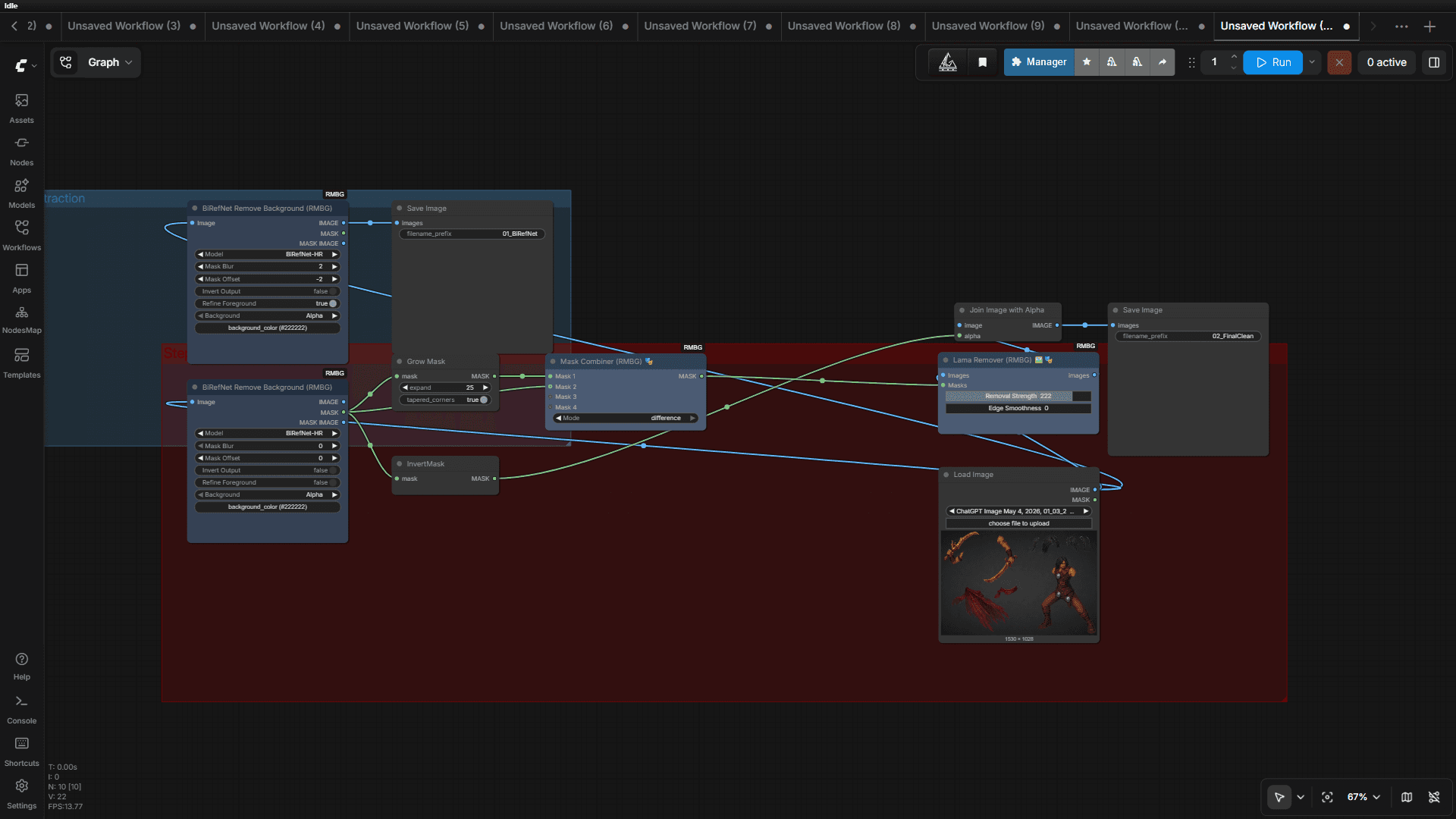 ComfyUI workflow screenshot for Dahaka asset cleanup and mask extraction