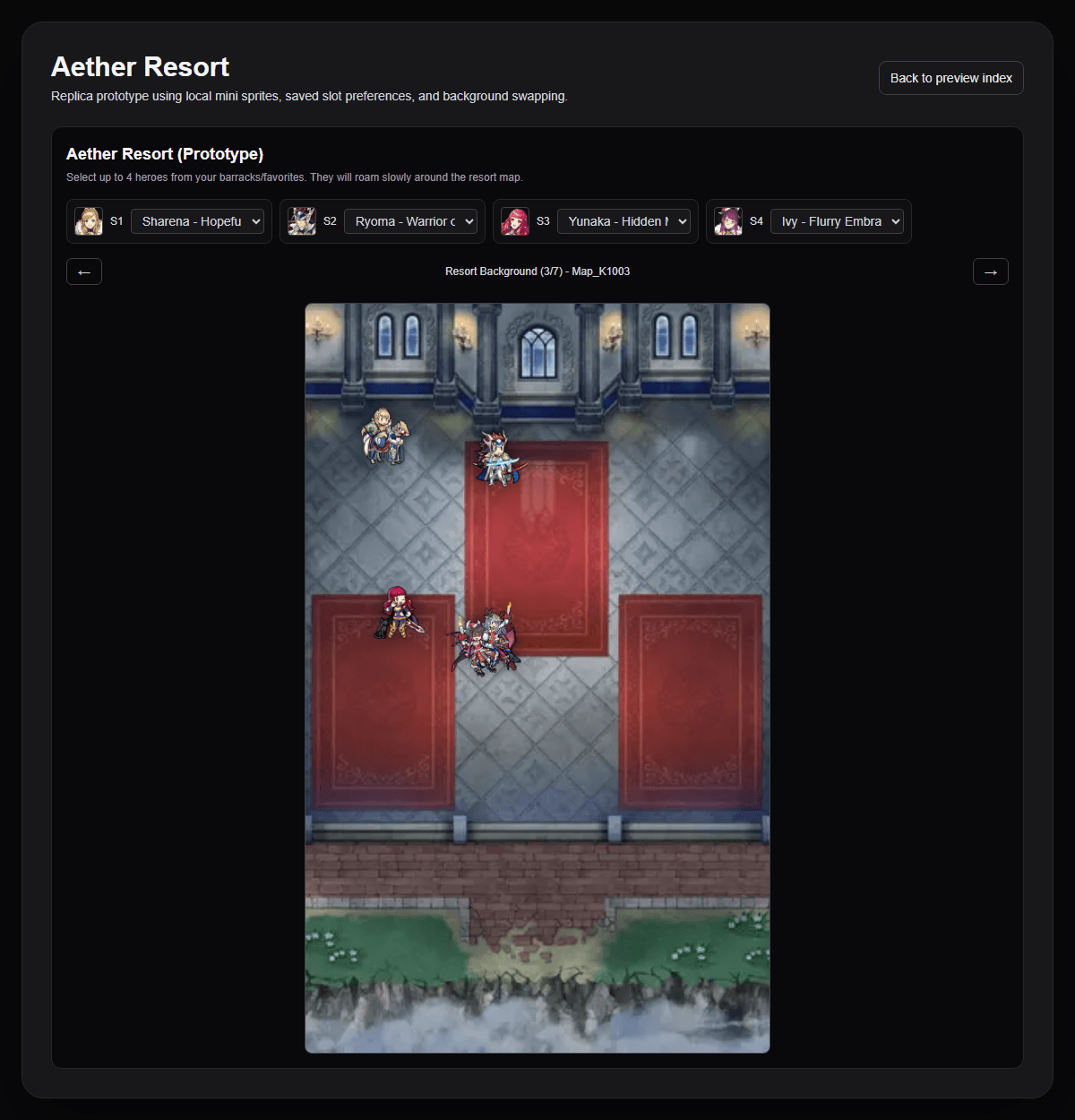 FEH Barracks Aether Resort prototype with mini sprites roaming a map