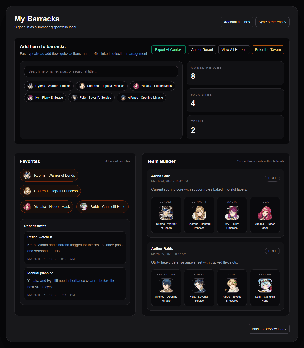 FEH Barracks dashboard showing add flow, favorites, team builder, and synced account shell