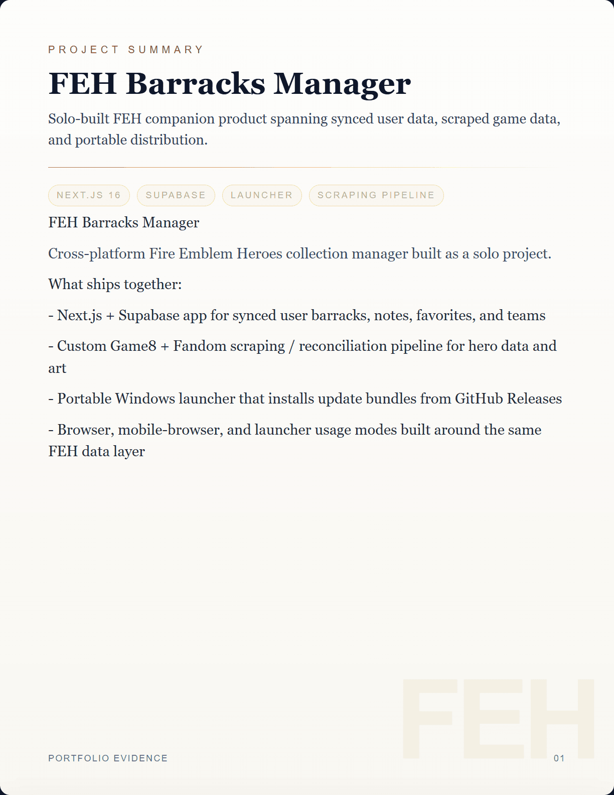 FEH Barracks Manager project summary page