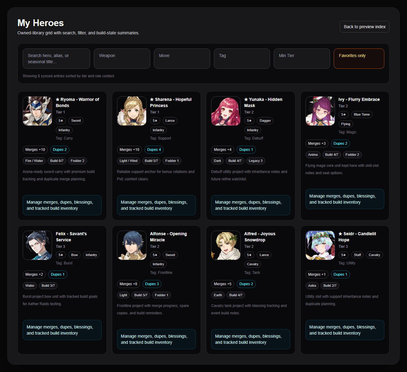 FEH Barracks My Heroes library showing owned units, merges, dupes, and build summaries
