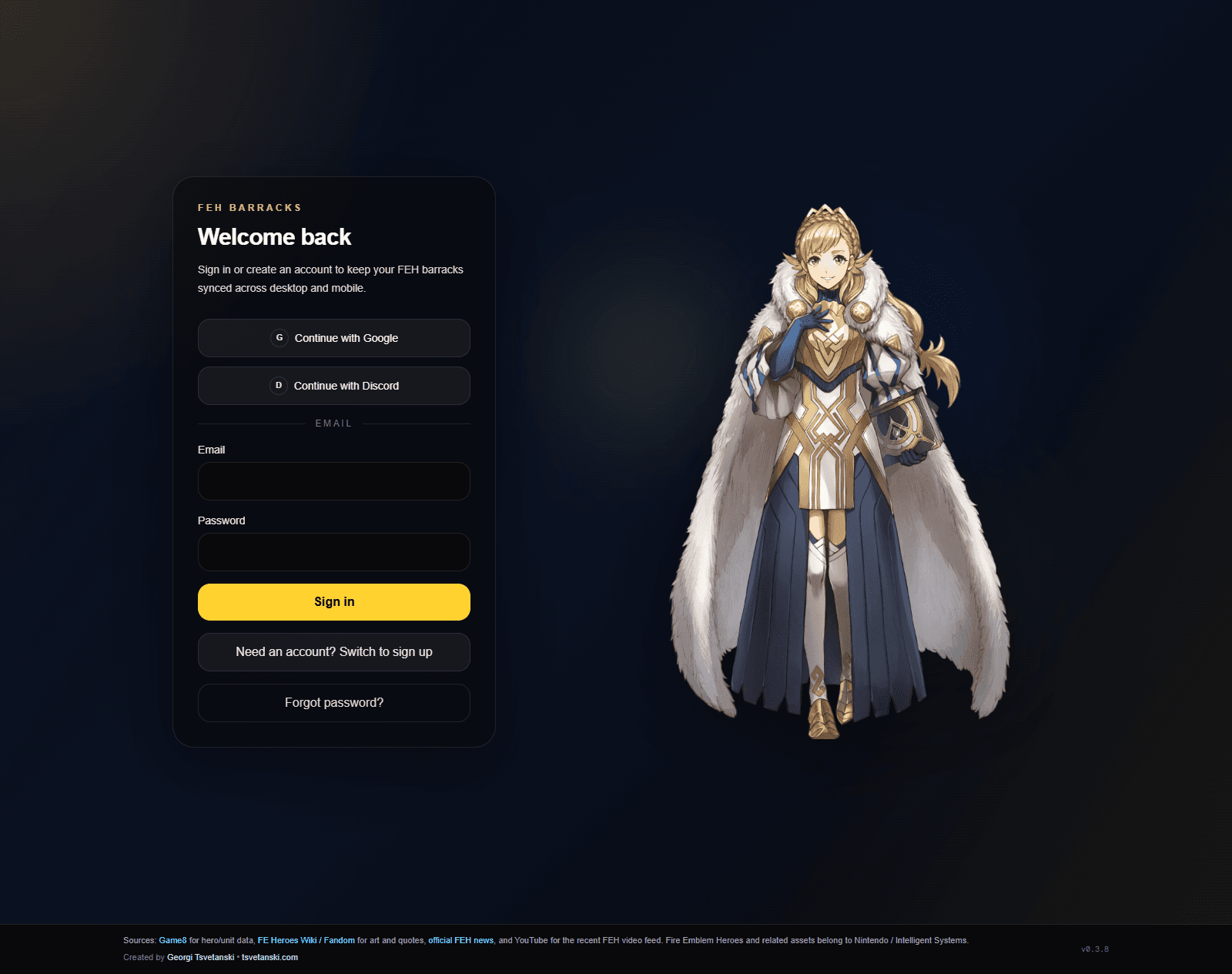 FEH Barracks login screen with account form and FEH presentation art