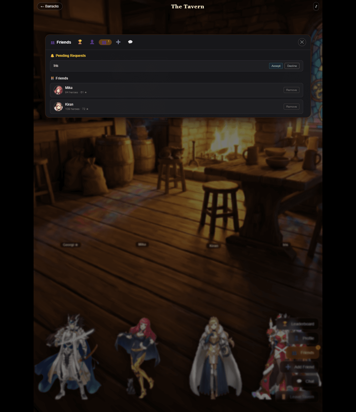 FEH Barracks Tavern screen with social panel, stage avatars, and friends list