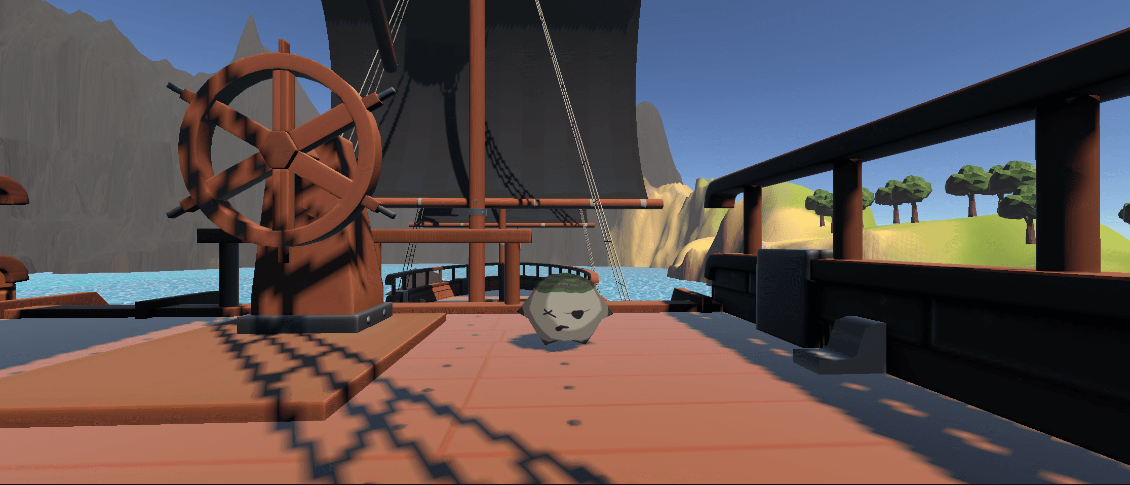 Ship deck with helm — first-person view, tropical island in background