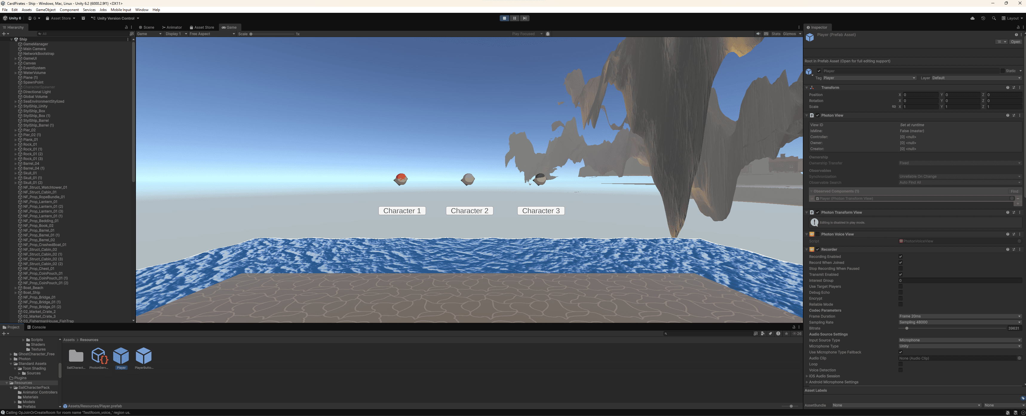 Unity editor — ocean level with floating dark rock formations and volcanic background