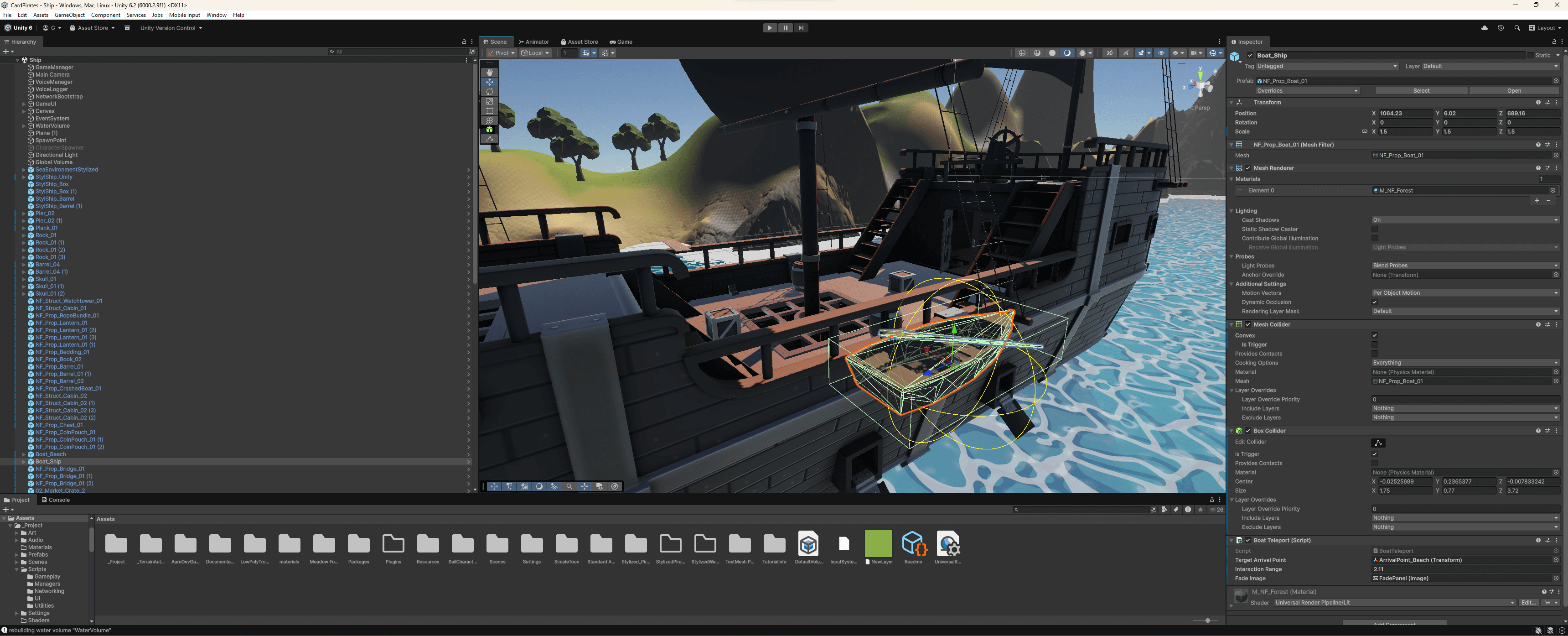 Unity editor — detailed pirate ship scene with foliage, ropes, and treasure chest selected