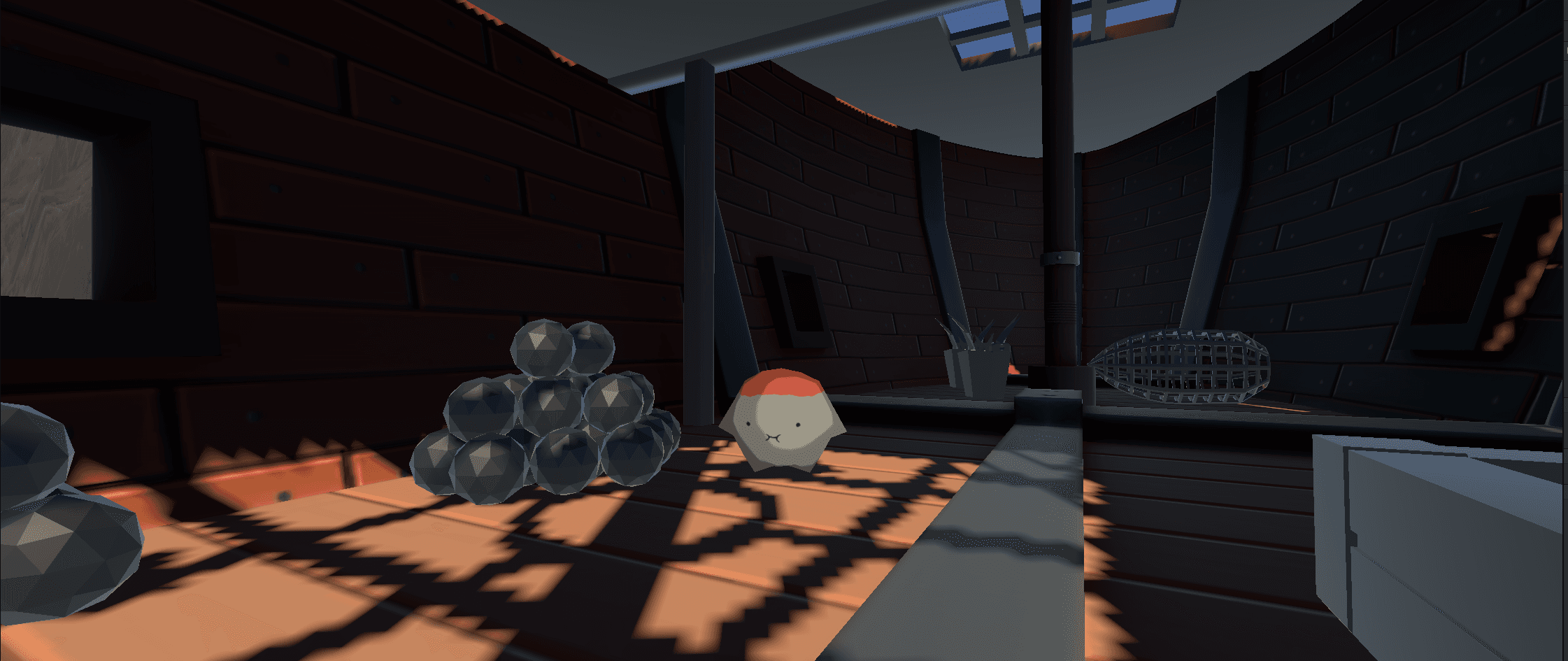 Ship interior hold — cannonballs stacked, round enemy on deck, amber light through windows