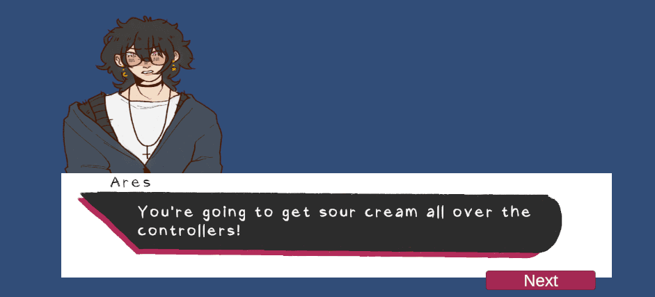 Dialogue scene with Ares and the horror dialogue box