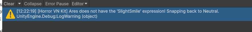 Unity console warning: Ares does not have the SlightSmile expression, snapping back to Neutral