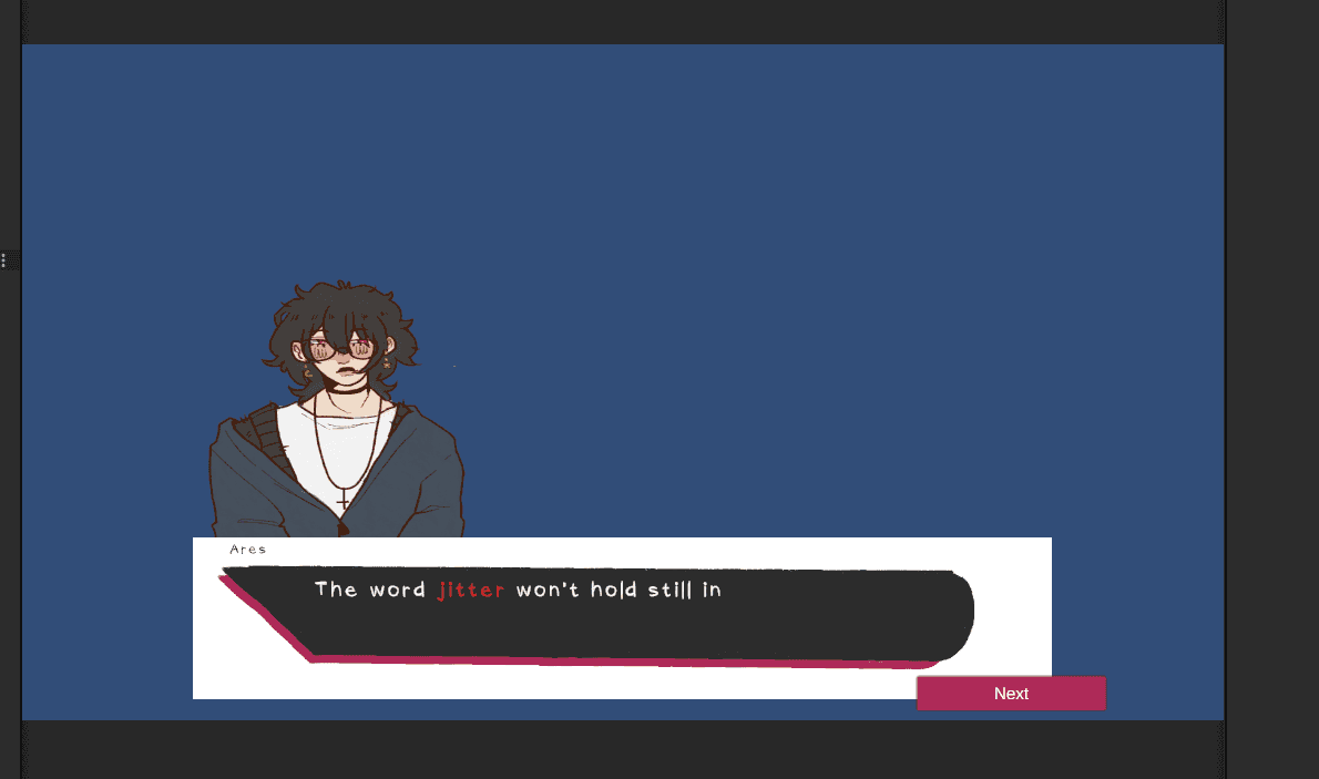 Dialogue line with the word jitter shaking in red