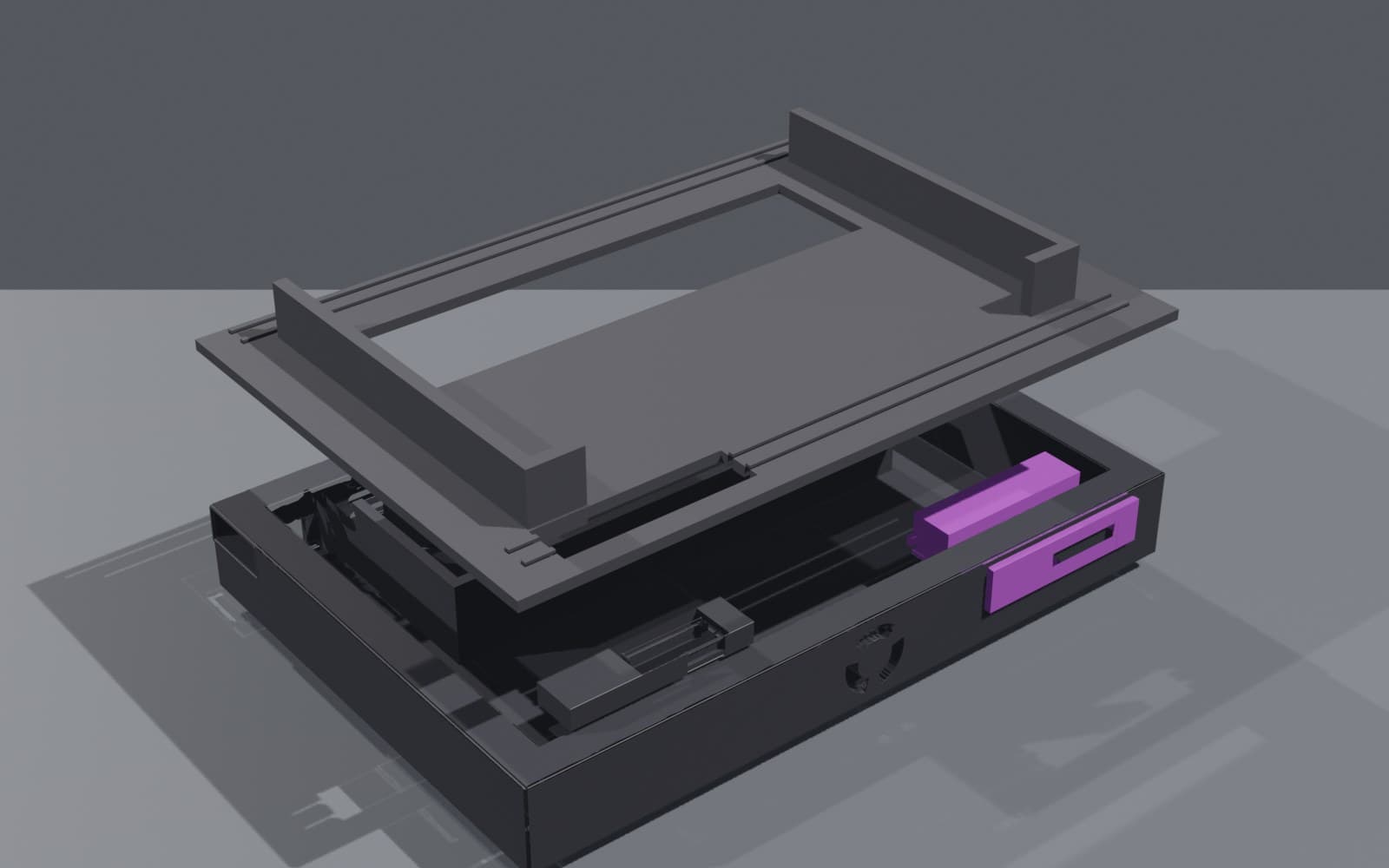 Exploded render of the dock: the removable service lid above the chassis, with the NFC reader holder in purple