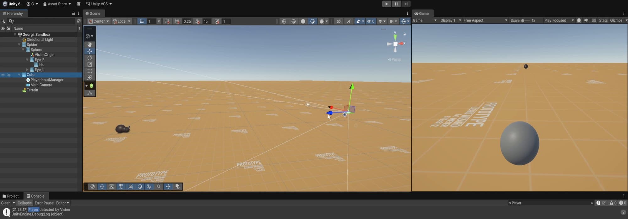 Unity editor showing the spider prototype's vision and hearing gizmos in a desert sandbox, with the console reporting Player detected by Vision