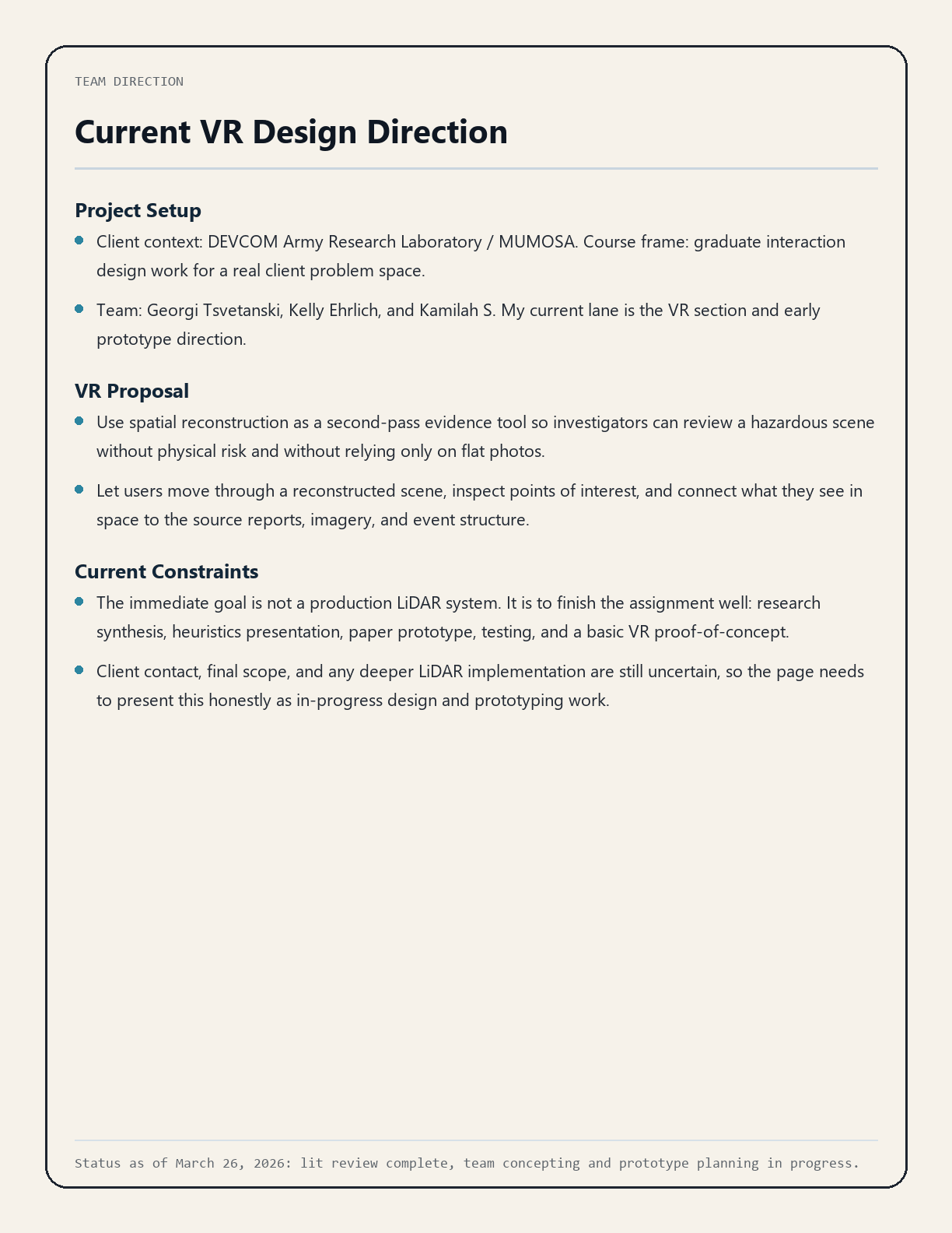 Current MUMOSA VR direction note page used by the team