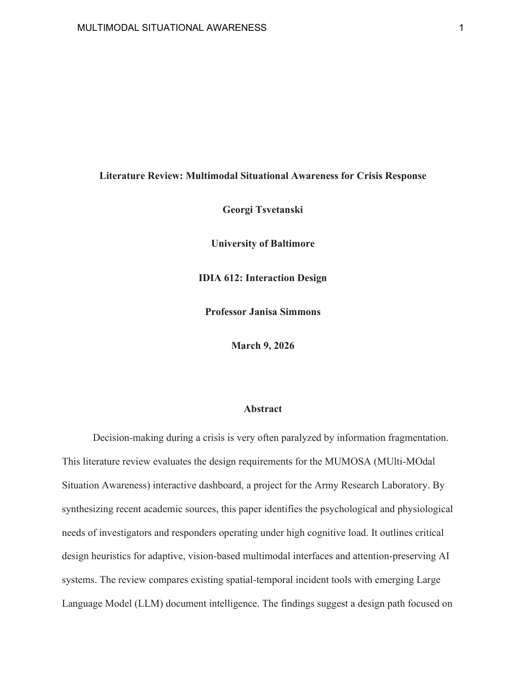 Page 1 of Georgi Tsvetanski's MUMOSA literature review