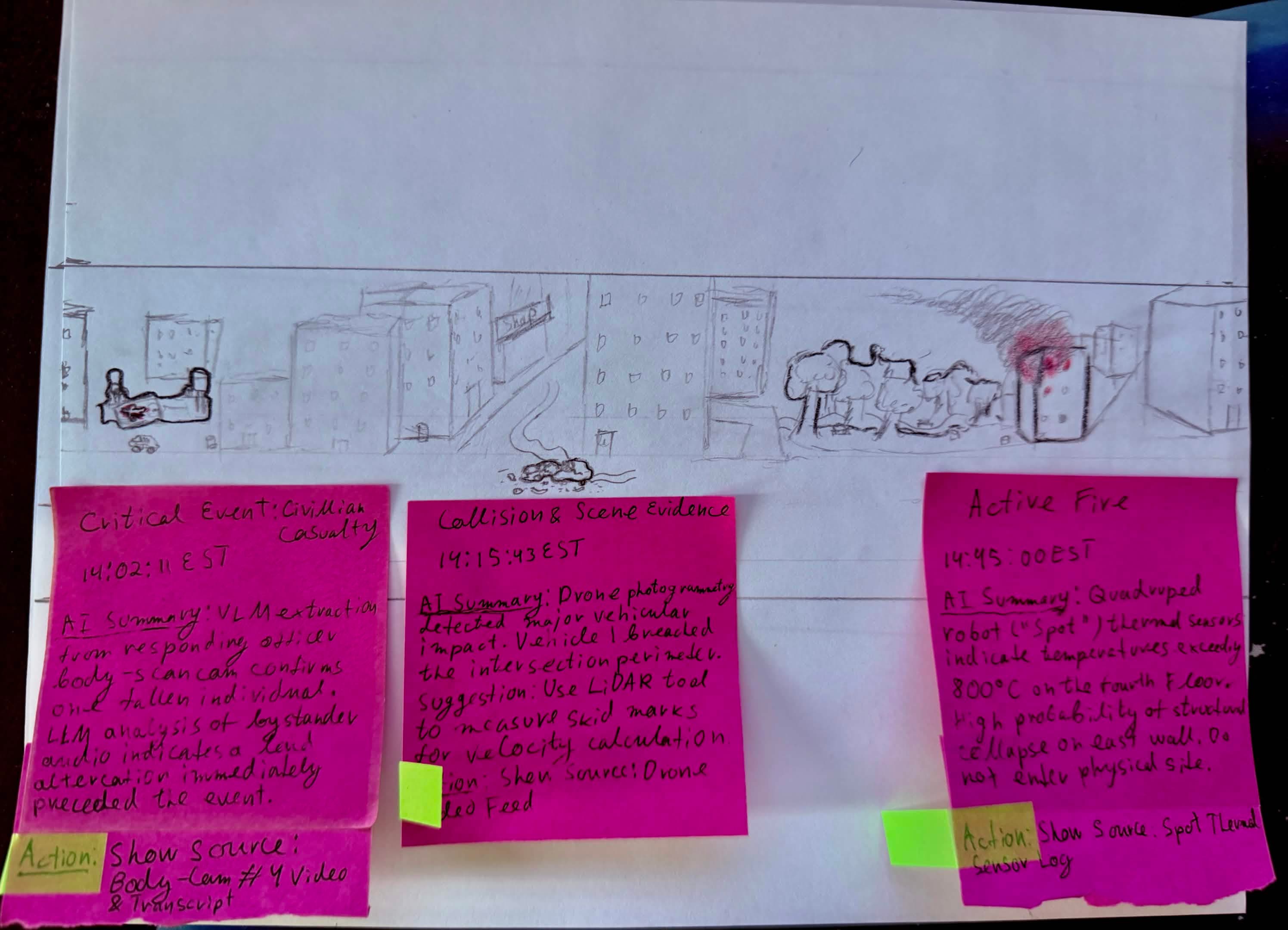 Paper prototype scene with three sticky notes showing grounded evidence findings