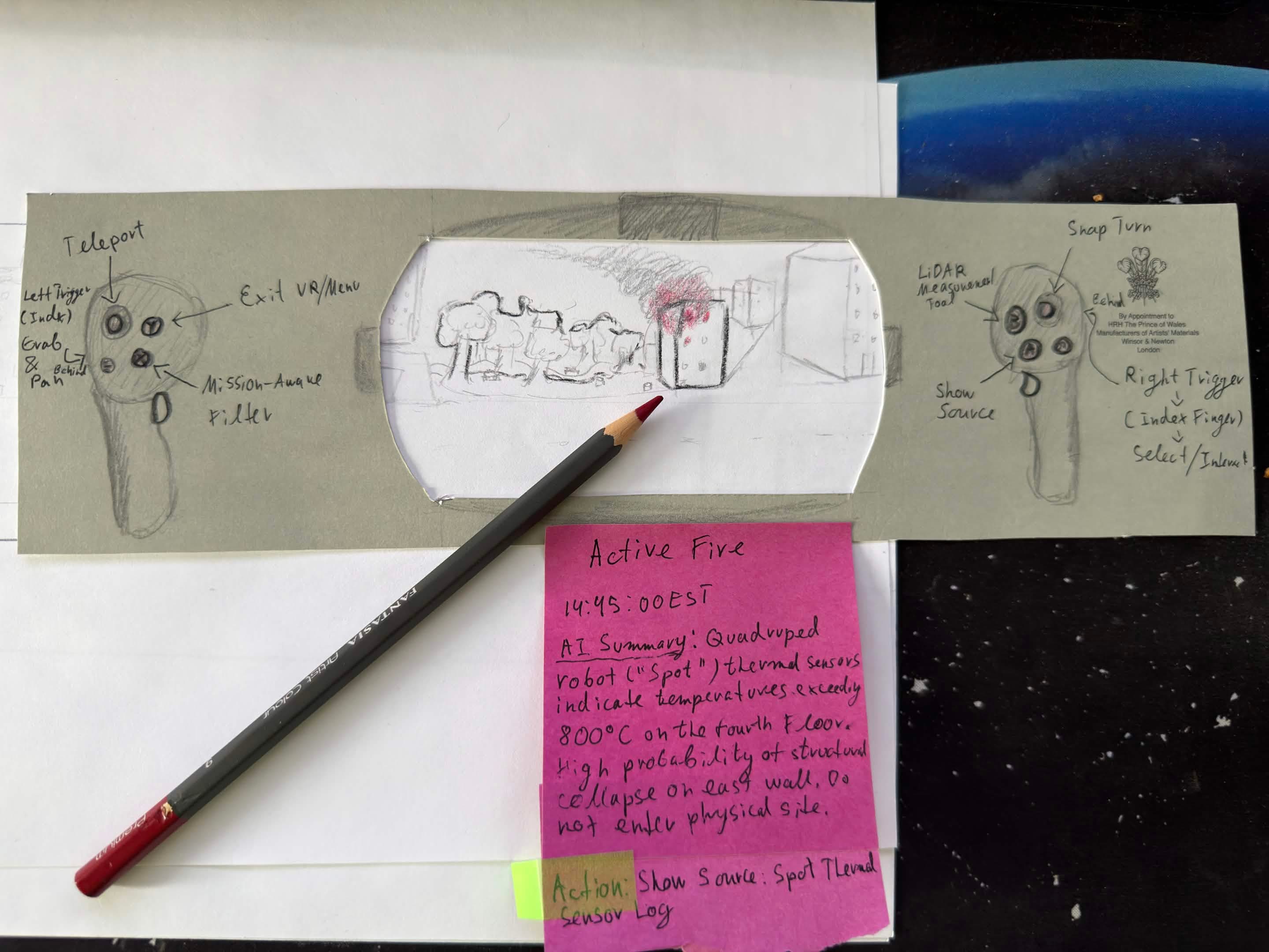 Paper VR prototype showing the active fire evidence card next to the burning structure