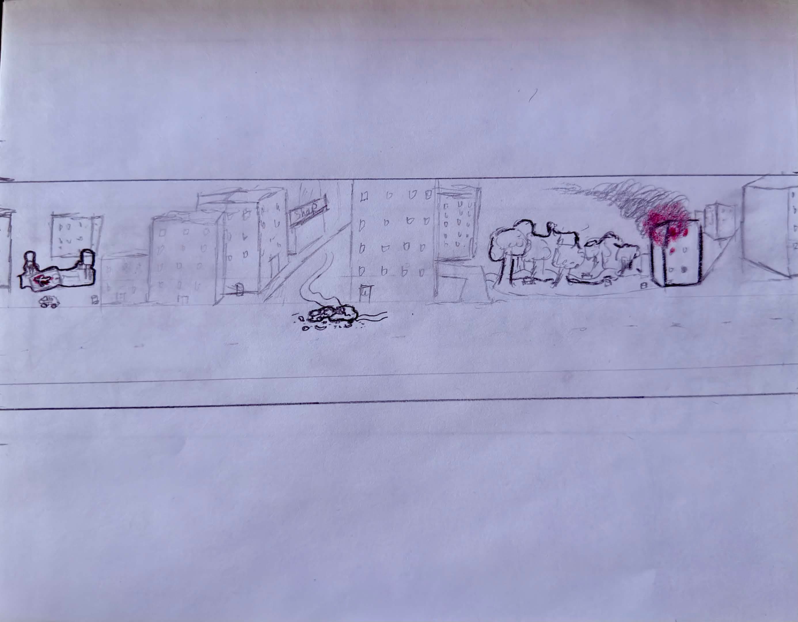 Long panoramic scene sketch for the MUMOSA VR paper prototype