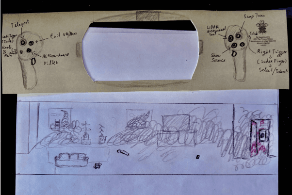 Alternative smoke-heavy crisis scene sketch for the VR paper prototype