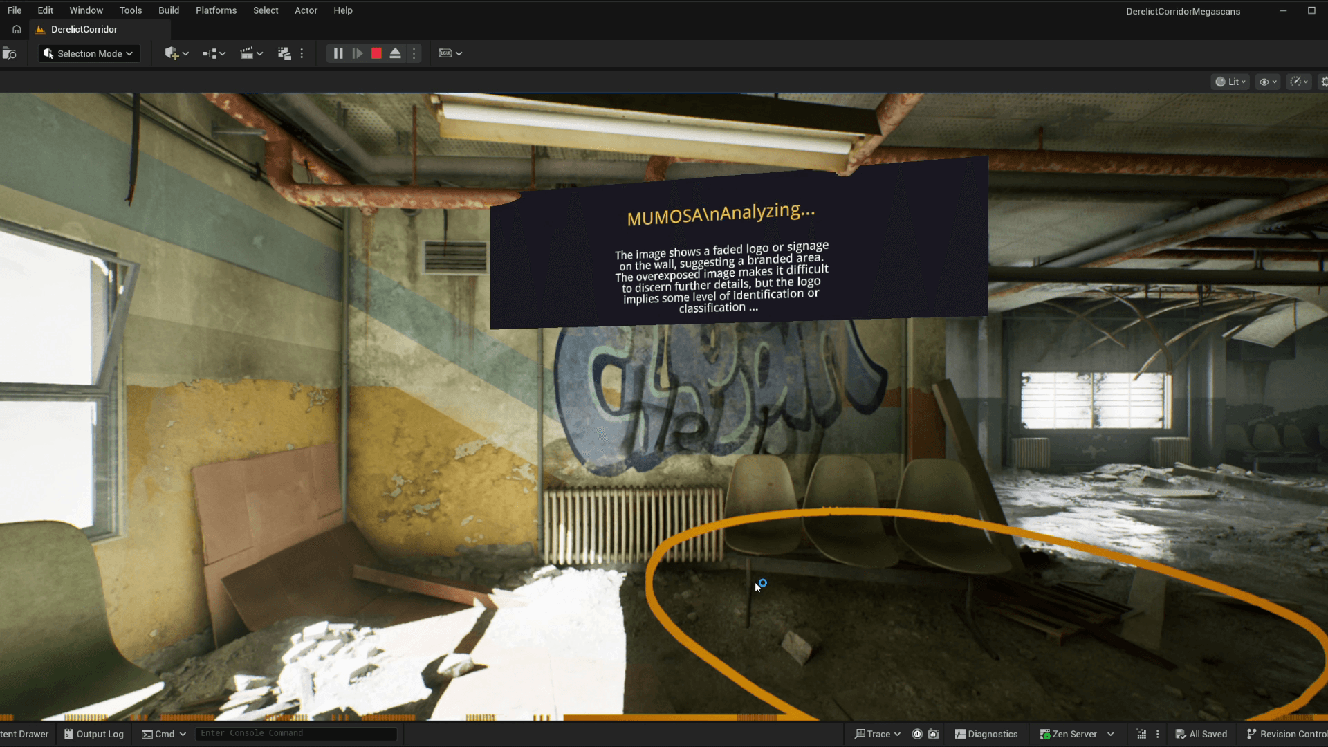 Unreal MUMOSA proof of concept showing an analysis popup attached to a scene marker