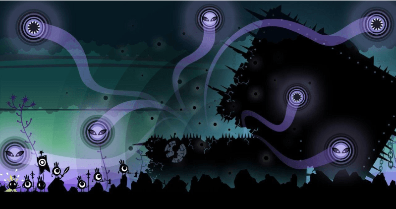 Boss encounter atmosphere — Patapon army facing a dark tentacled enemy