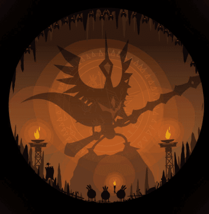Archfiend boss looming over marching Patapons — Patapon series title art