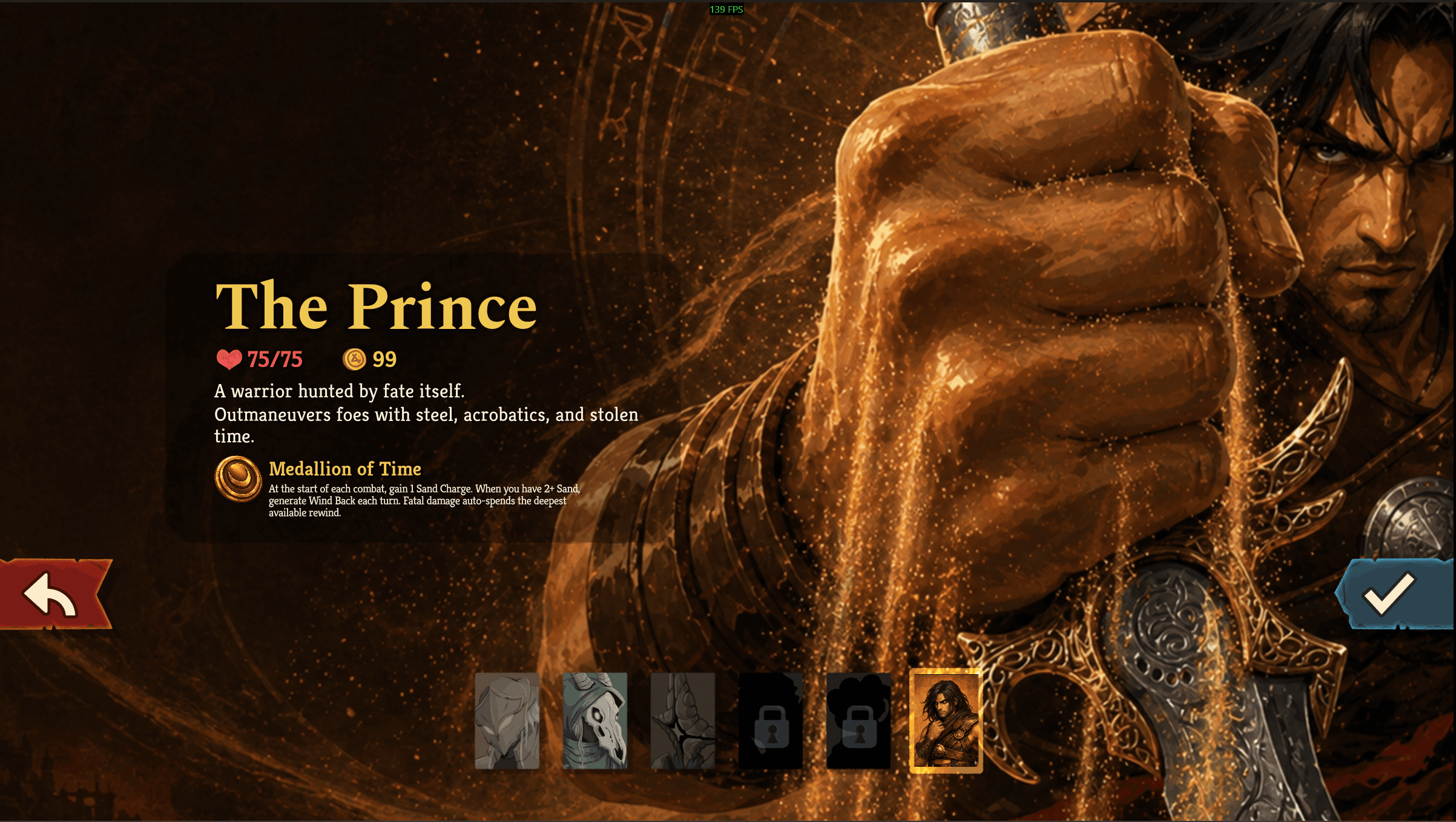 Current Prince character select screen from the Warrior Within Slay the Spire 2 mod