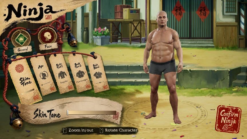 Shinobi Story 2 character creator in Unreal: hanging parchment talismans, a slider banner and a Confirm Ninja stamp