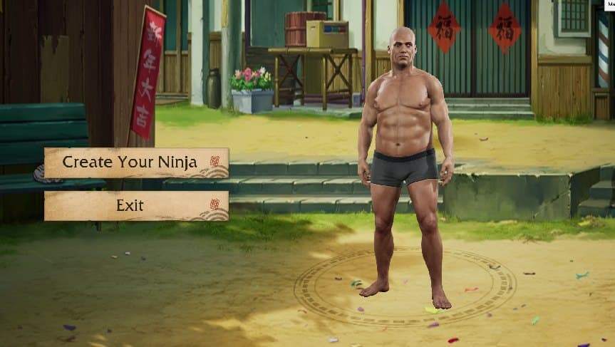 Landing menu with two parchment buttons, Create Your Ninja and Exit