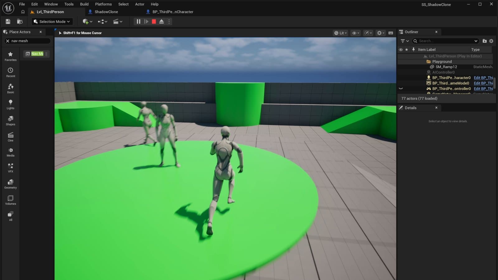 Unreal prototype with the player character and two shadow clones