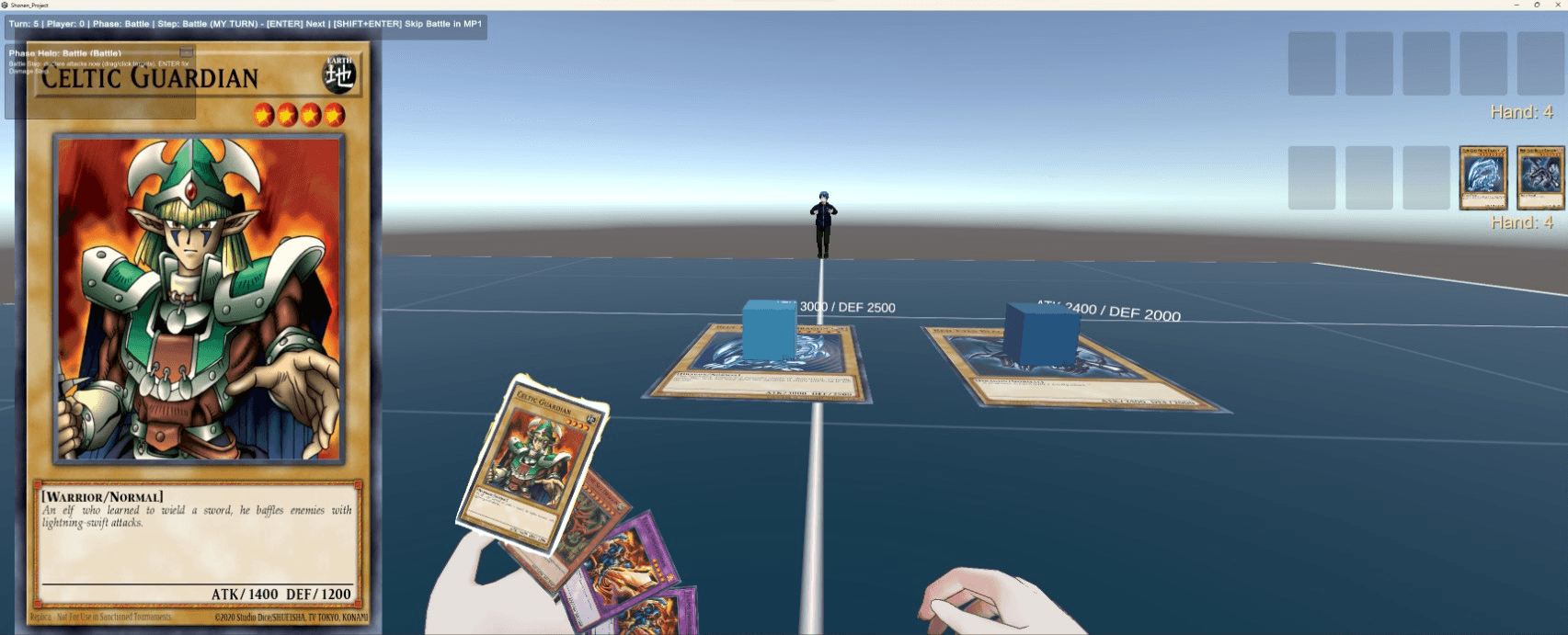 First-person duel view — player holds Celtic Guardian, opponent has Blue-Eyes White Dragon on field
