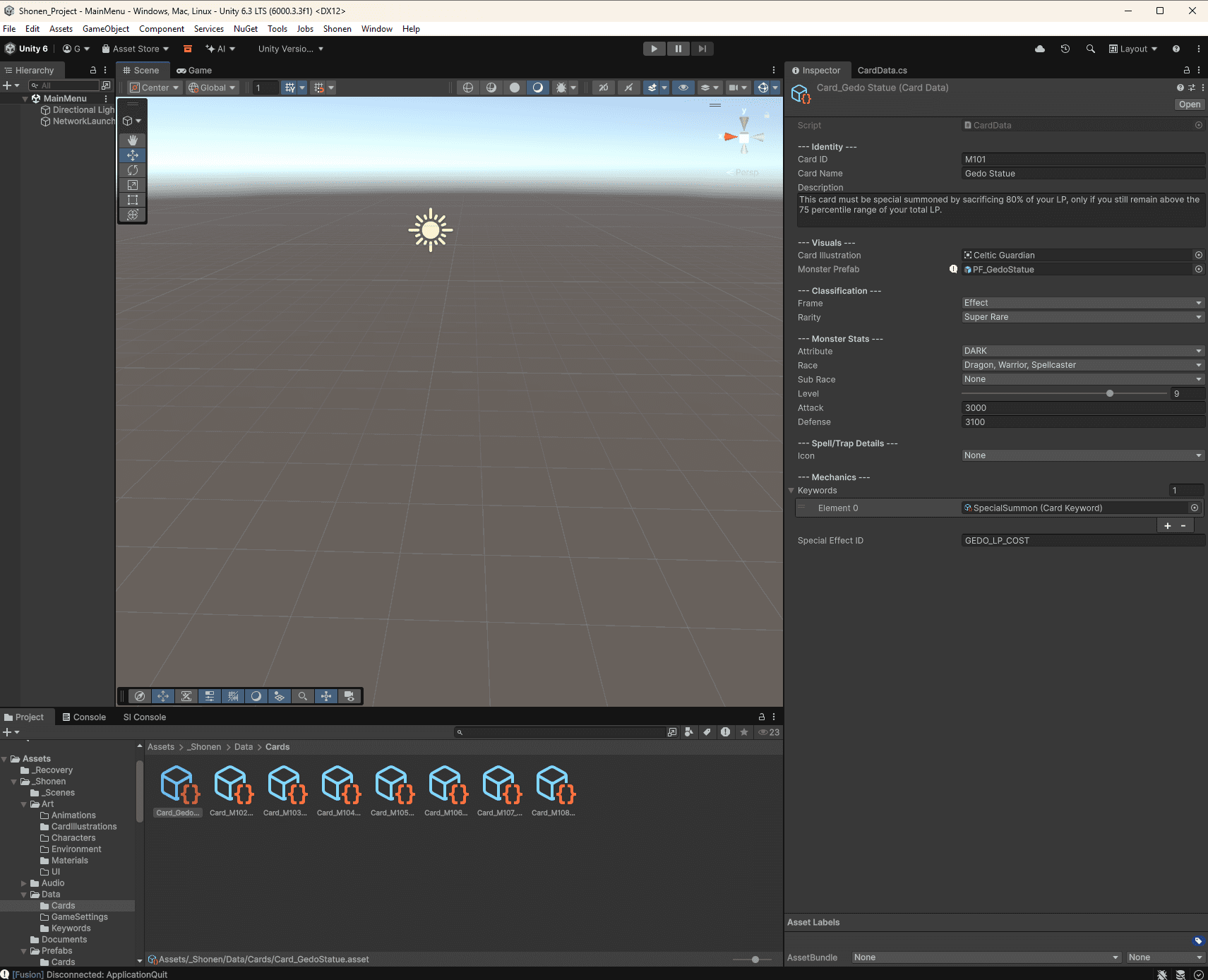Unity editor showing CardData ScriptableObject inspector and card assets
