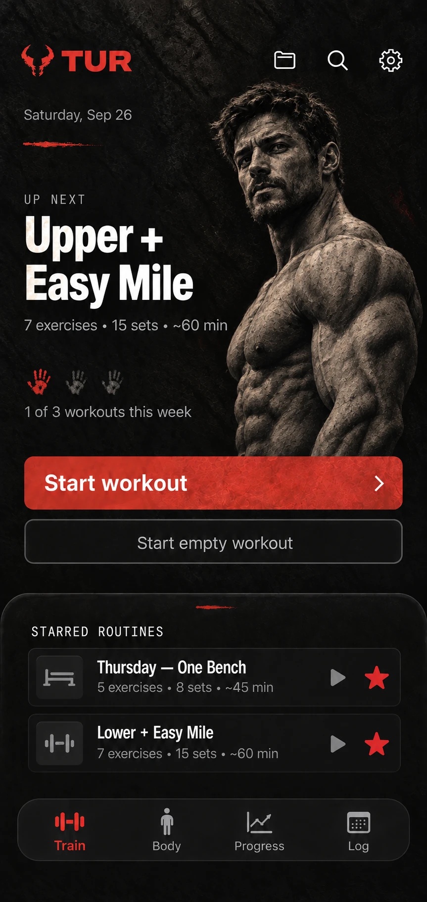 TUR's Train screen: the next workout Upper + Easy Mile, one of three workouts done this week shown as handprints, a Start workout button and two starred routines.