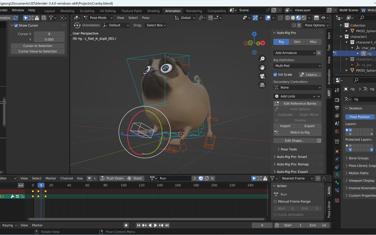 Cranky pug character rig and animation controls in Blender