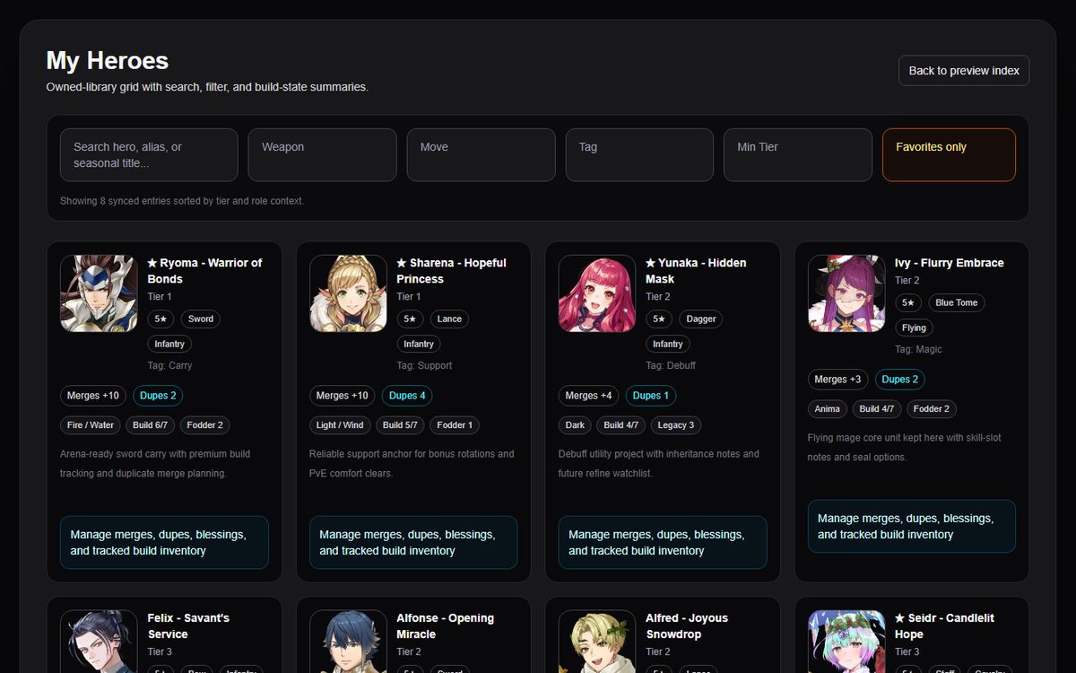 FEH Barracks Manager searchable hero library