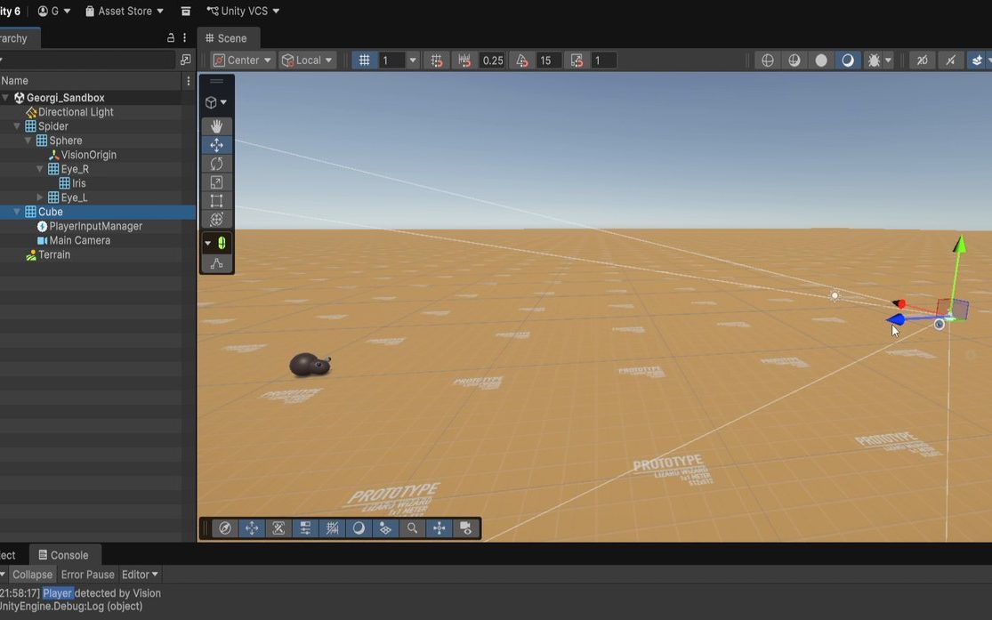 Spider vision cone and hearing radius gizmos in a desert sandbox