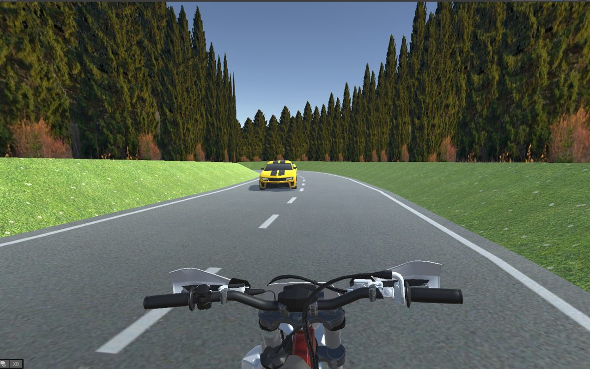 B-360 dirt-bike safety simulator on a tree-lined road