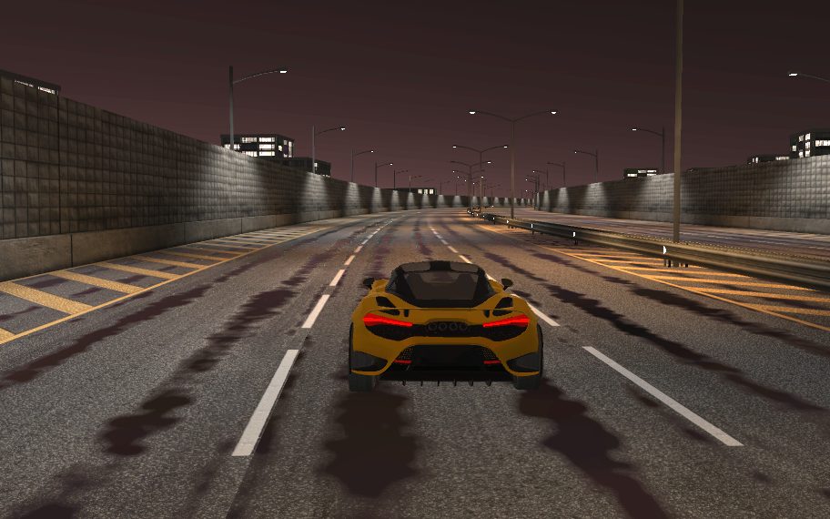 Chase-camera drift shot on a lit city expressway